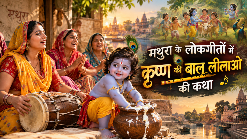 मथुरा के पुराने घर में जन्माष्टमी पर बाल कृष्ण के लोकगीत गाती महिलाएं