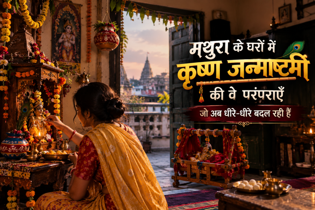 मथुरा के पारंपरिक घर में कृष्ण जन्माष्टमी की झांकी और कान्हा का सजा हुआ झूला
