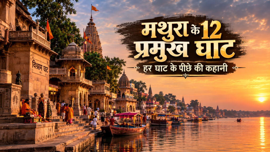 मथुरा की यमुना किनारे विश्राम घाट और पुराने घाटों का दृश्य