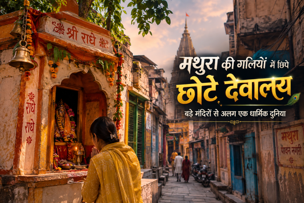 मथुरा की पुरानी गली में स्थित छोटा धार्मिक देवालय और स्थानीय जीवन