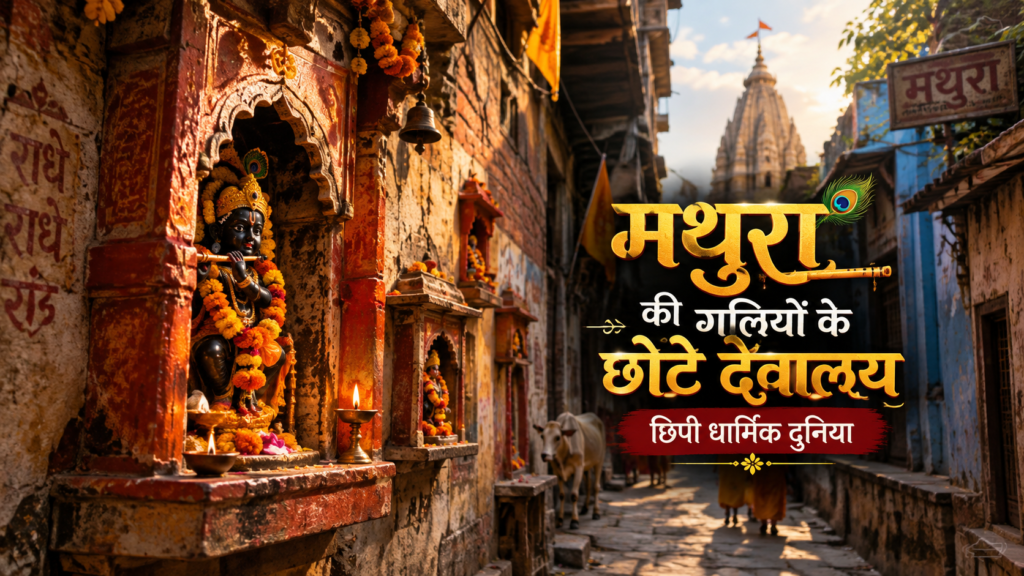 मथुरा की पुरानी गली में स्थित छोटा धार्मिक देवालय और स्थानीय जीवन