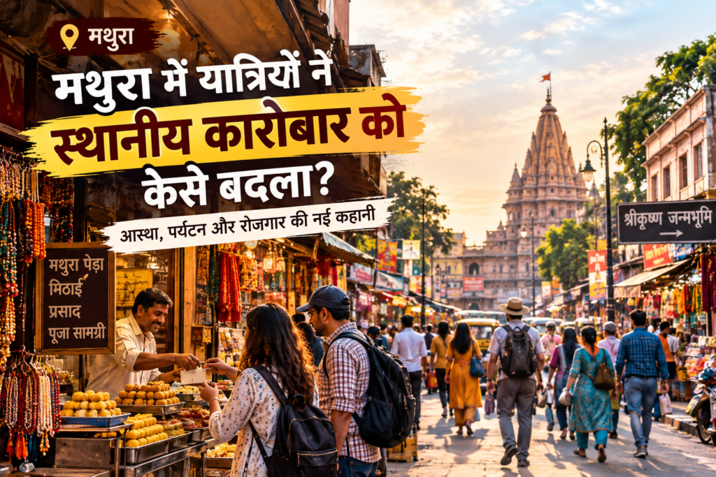 मथुरा के पुराने बाजार में यात्रियों और स्थानीय दुकानदारों का दृश्य