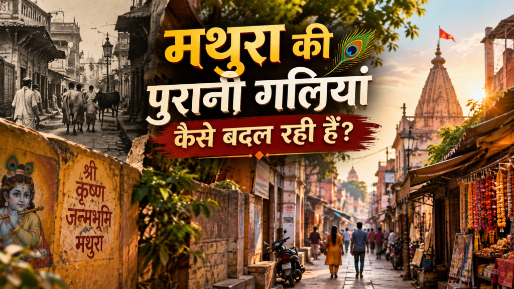 मथुरा की पुरानी गली में पुराने मकान और आधुनिक दुकान का बदलता स्वरूप