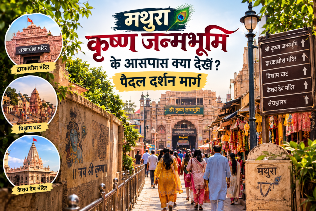 मथुरा में कृष्ण जन्मभूमि के आसपास पुराने शहर की गलियों से गुजरता पैदल दर्शन मार्ग