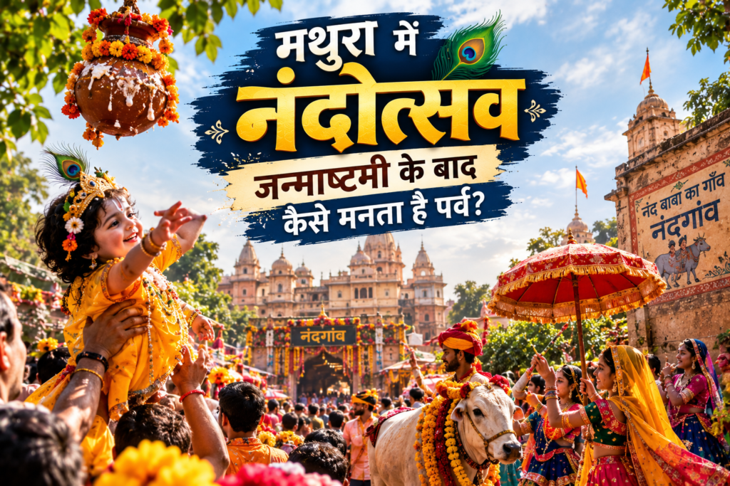 मथुरा के मंदिर में कृष्ण जन्माष्टमी के बाद नंदोत्सव का उत्सवी दृश्य