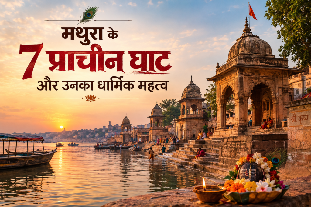 मथुरा में यमुना किनारे प्राचीन घाट और धार्मिक गतिविधियों का दृश्य