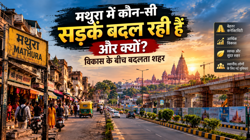 मथुरा शहर में बदलती सड़क और आधुनिक होते शहरी क्षेत्र का दृश्य
